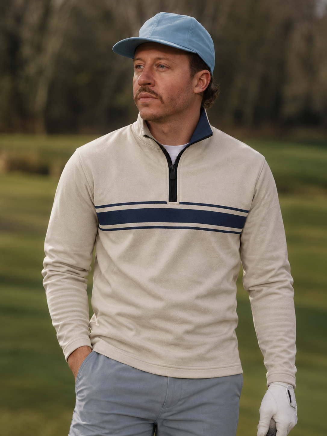 Ivory Navy Chest Stripe Print Performance Golf Quarter-Zip Pullover