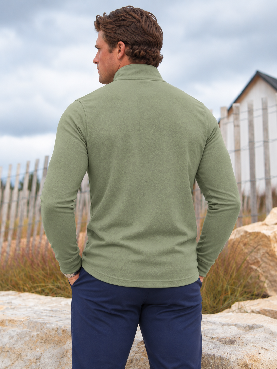 Sage Green Textured Performance Golf Quarter-Zip Pullover