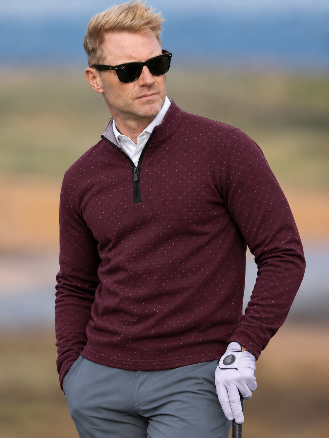 Deep Plum Purple Micro Dot Print Performance Golf Quarter-Zip Pullover