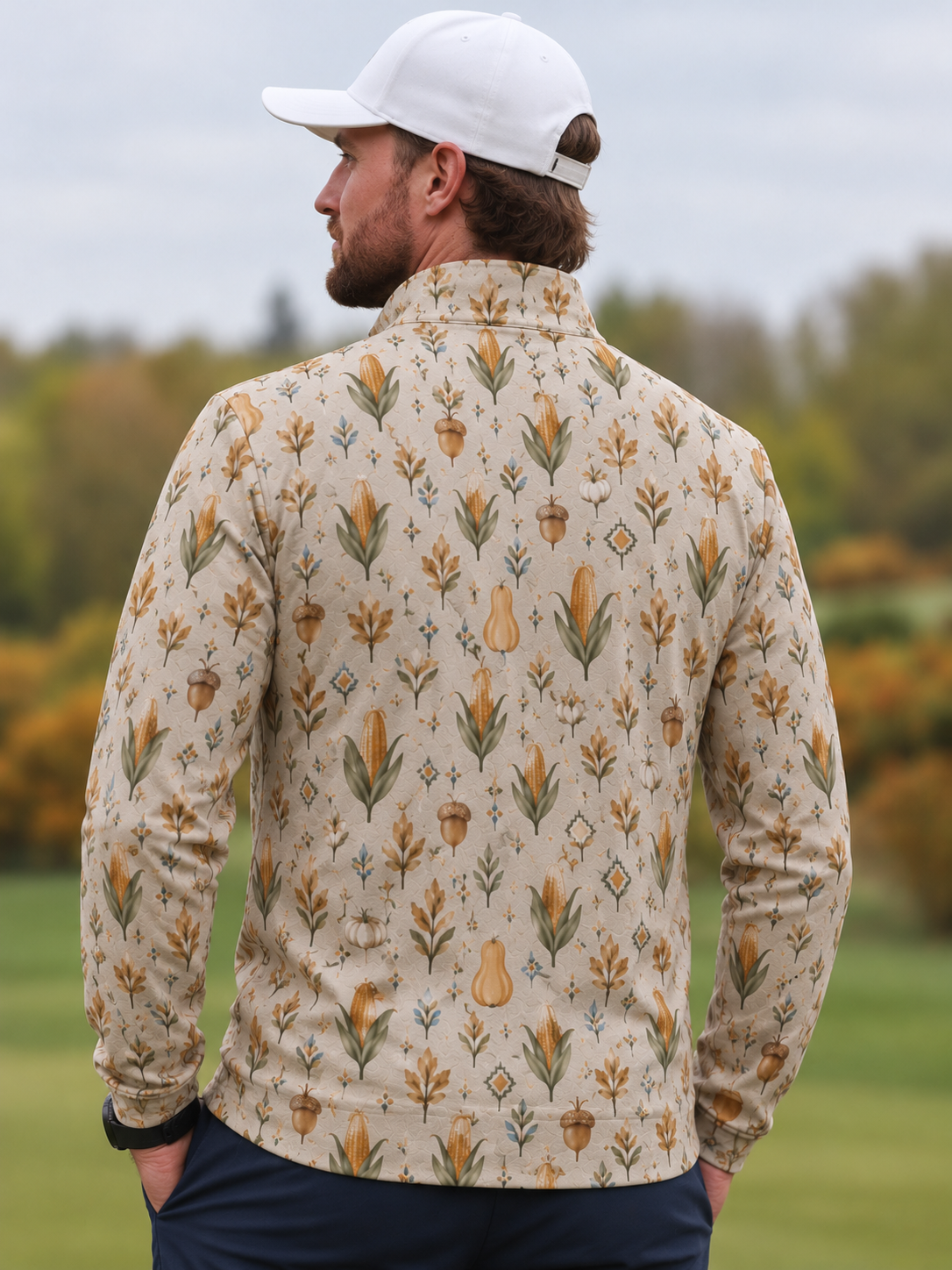 Cream Harvest Print Performance Golf Quarter-Zip Pullover