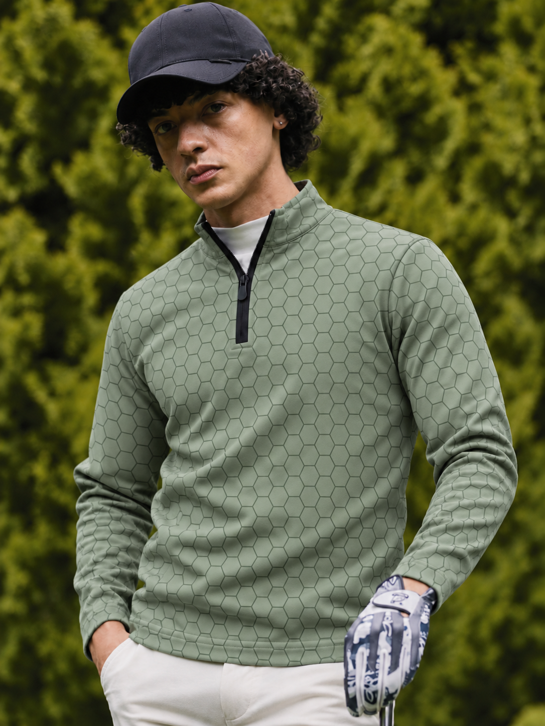 Sage Green Honeycomb Print Performance Golf Quarter-Zip Pullover