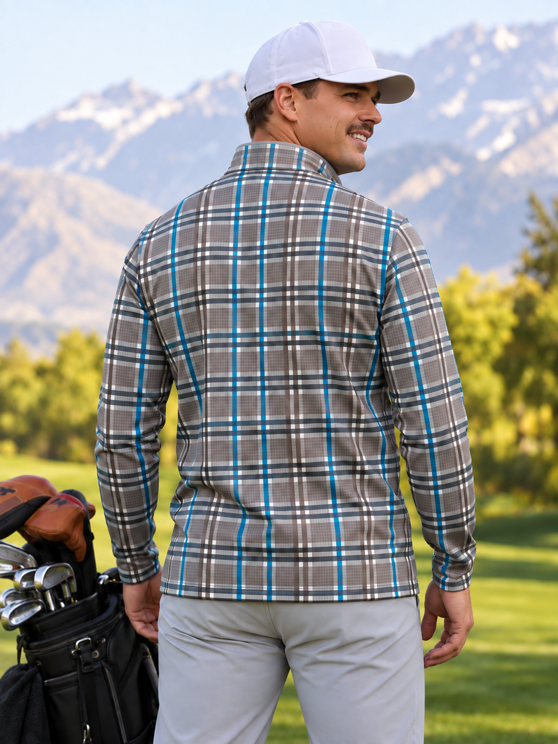 Stone Gray and Aqua Plaid Performance Golf Quarter-Zip Pullover