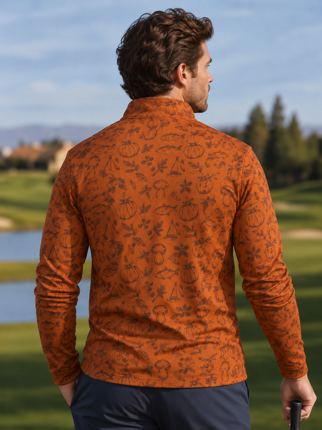 Burnt Orange Autumn Print Performance Golf Quarter-Zip Pullover