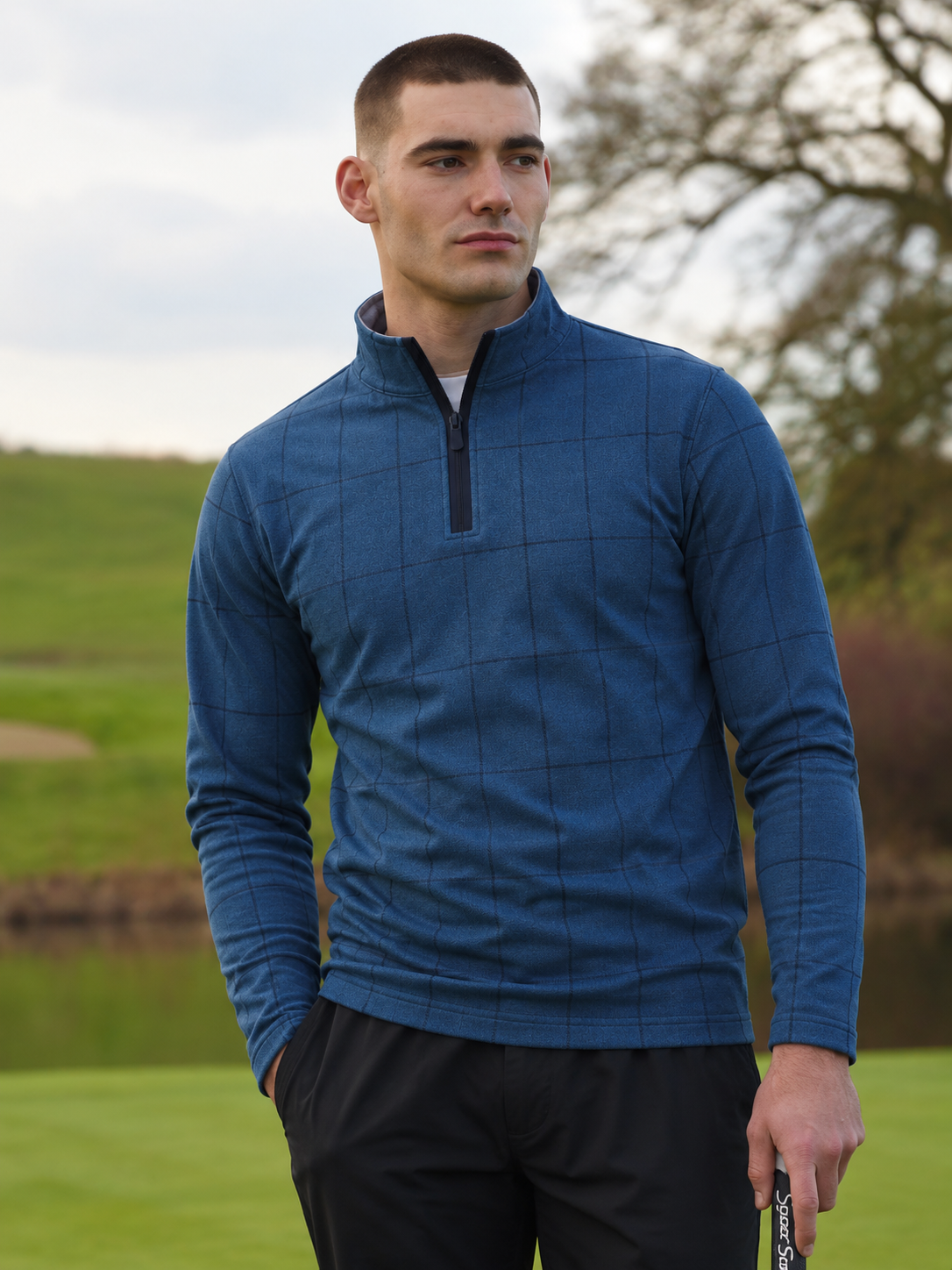 Steel Blue Windowpane Plaid Print Performance Golf Quarter-Zip Pullover