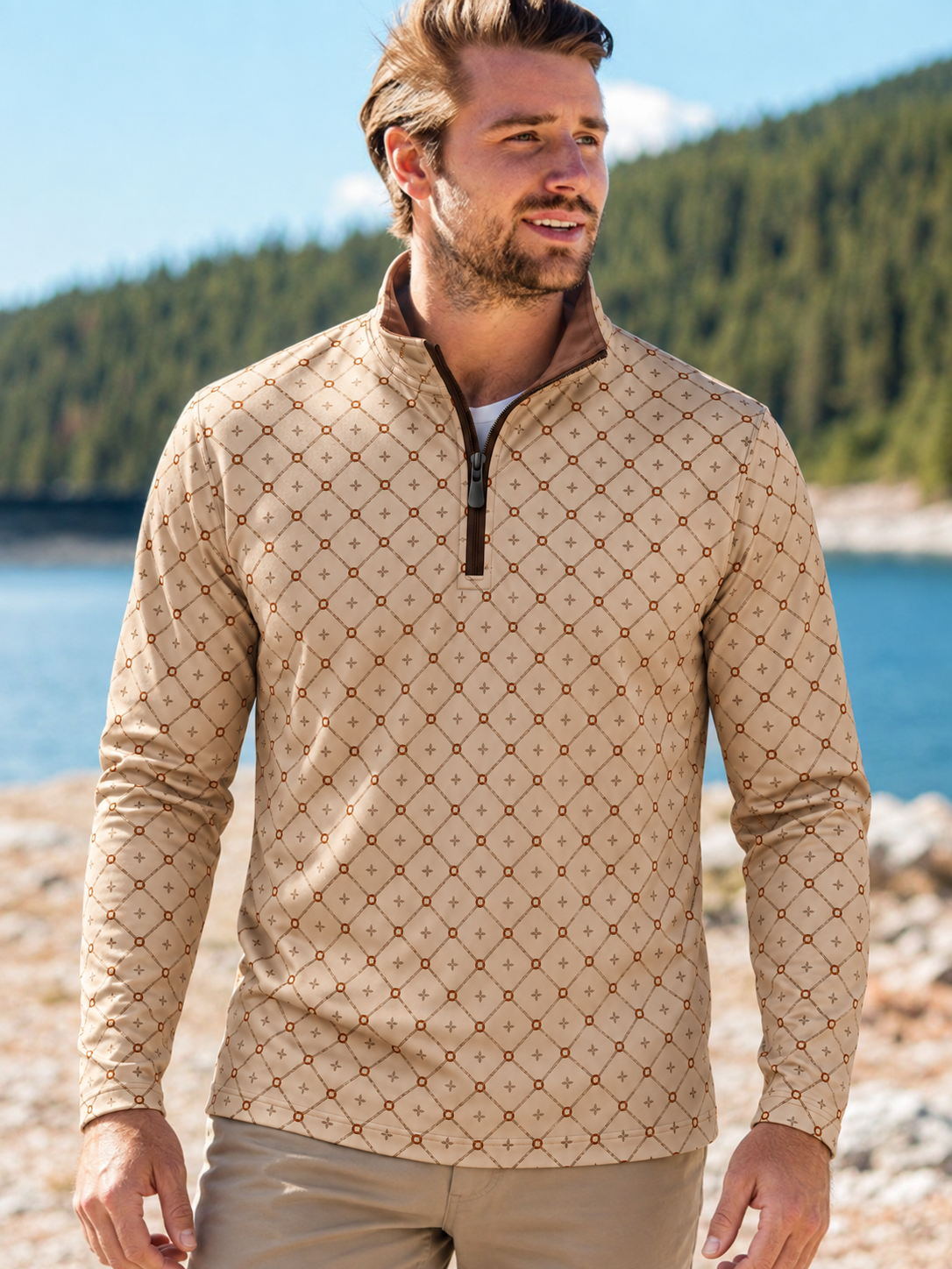 Tan Geometric Print Performance Golf Quarter Zip Pullover