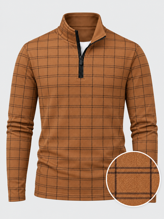 Burnt Orange Windowpane Plaid Print Performance Golf Quarter-Zip Pullover