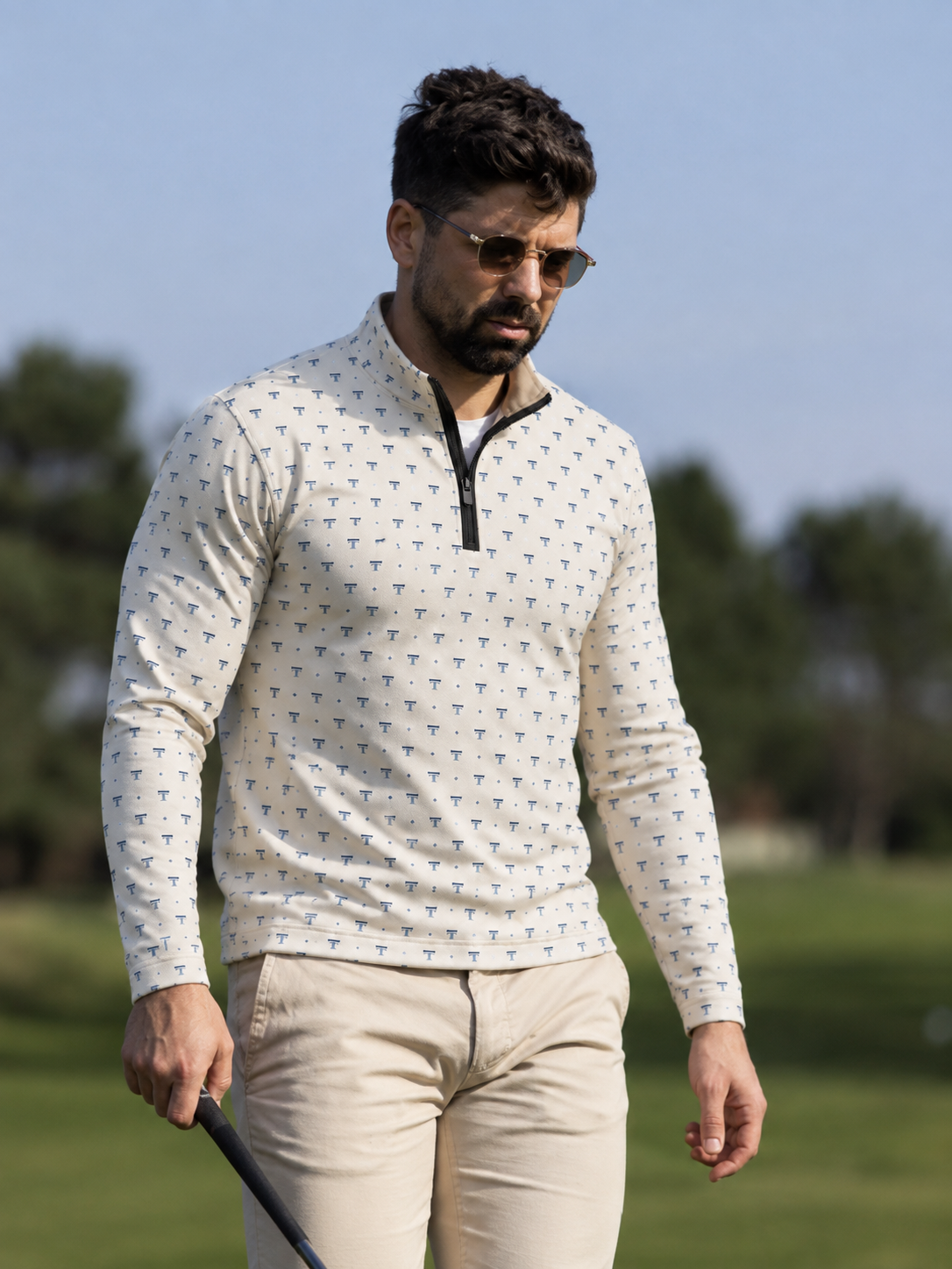 Ivory Micro Emblem Performance Quarter-Zip Pullover