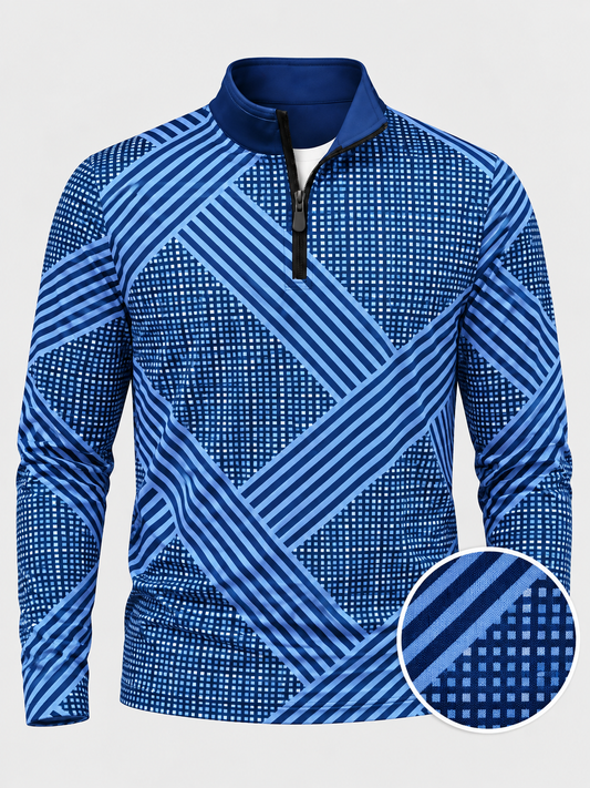 Navy Blue Grid and Diagonal-Stripe Performance Golf Quarter-Zip Pullover