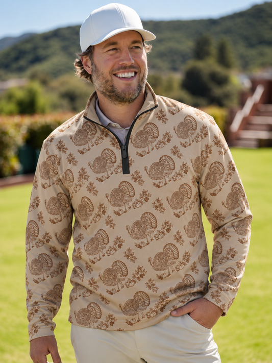 Beige Vintage Turkey Print Performance Golf Quarter-Zip Pullover
