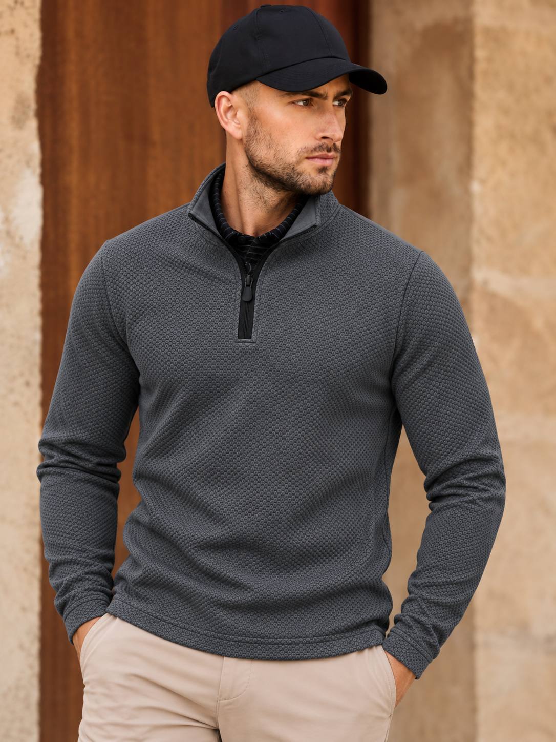 Charcoal Gray Waffle Texture Print Performance Golf Quarter-Zip Pullover