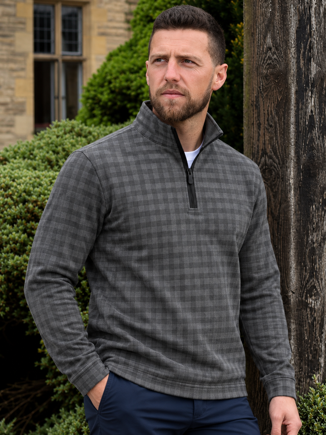 Charcoal Gray Gingham Check Print Performance Golf Quarter-Zip Pullover