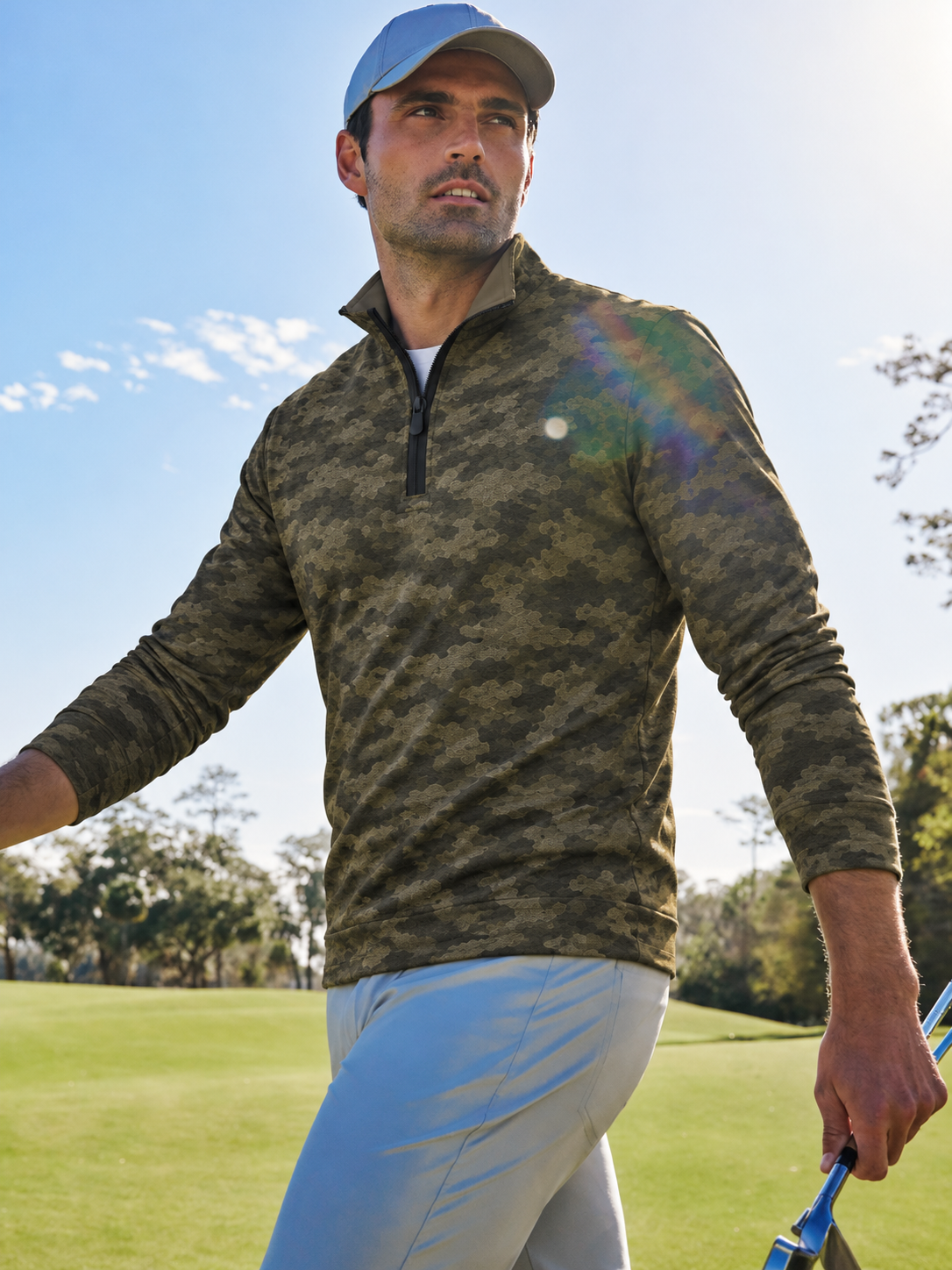 Olive Green Camo Print Performance Golf Quarter-Zip Pullover