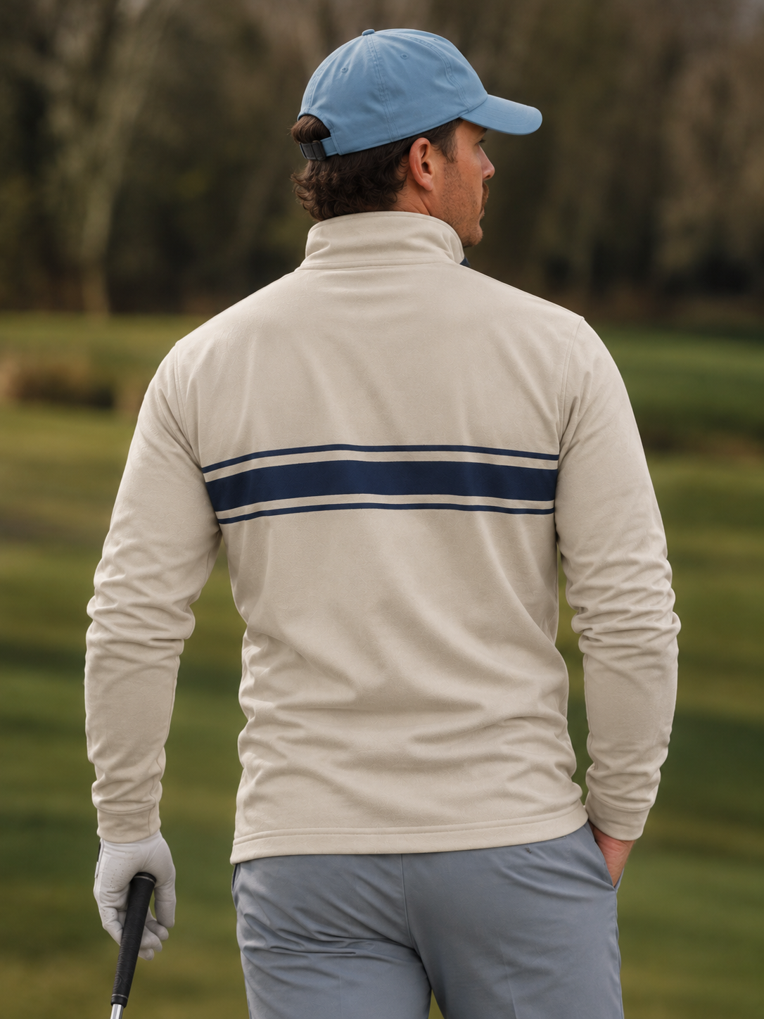 Ivory Navy Chest Stripe Print Performance Golf Quarter-Zip Pullover