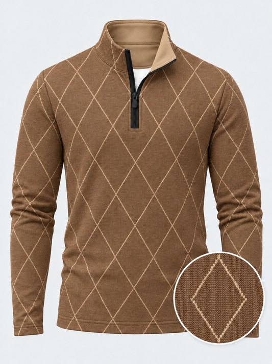 Camel Brown Diamond Argyle Print Performance Golf Quarter-Zip Pullover