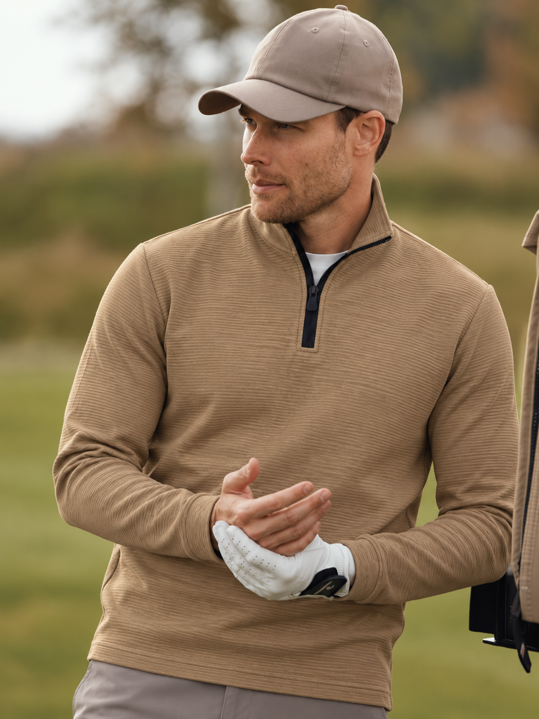 Sand Beige Horizontal Ribbed Texture Print Performance Golf Quarter-Zip Pullover