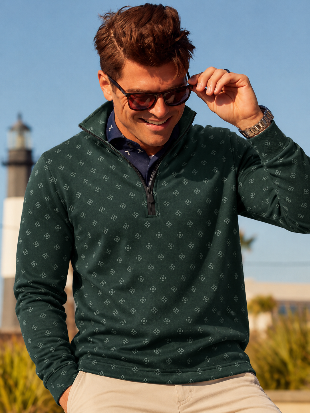 Forest Green Mini Clover Print Performance Golf Quarter-Zip Pullover