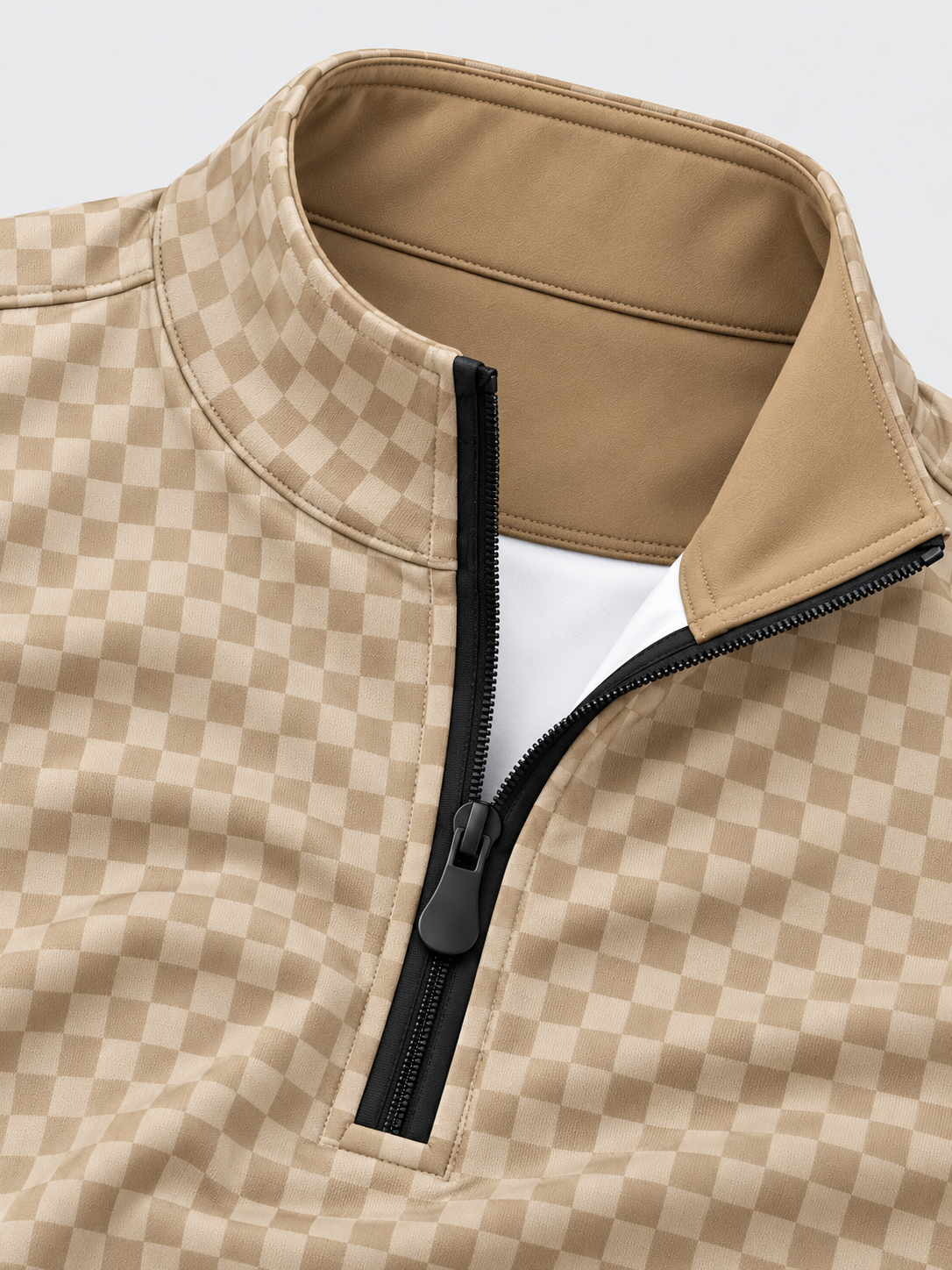 Cream Beige Checkerboard Print Performance Golf Quarter-Zip Pullover