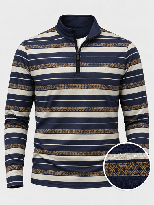 Navy Ivory and Gold Banded-Print Performance Golf Quarter-Zip Pullover