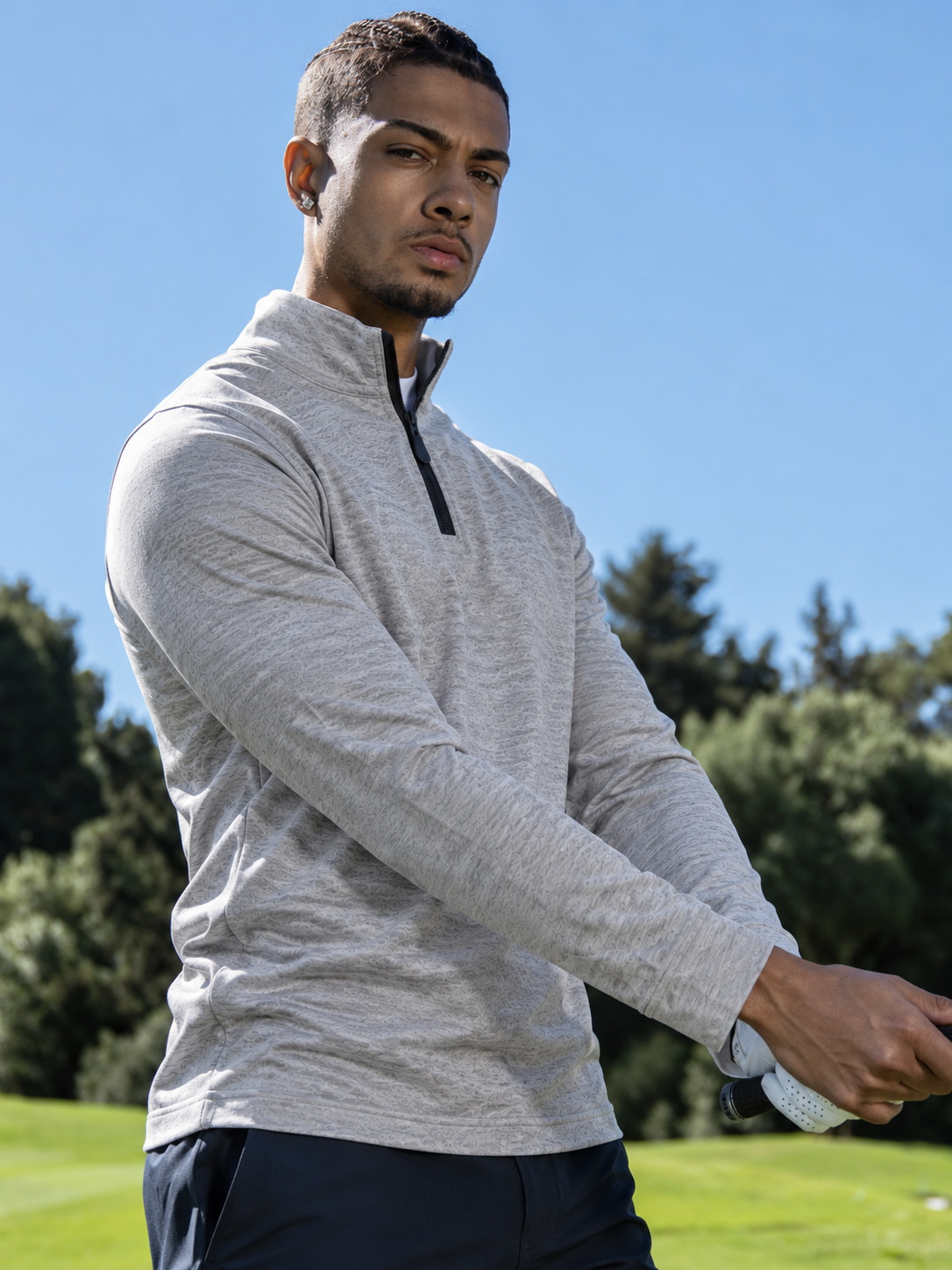 Light Gray Textured Performance Golf Quarter-Zip Pullover