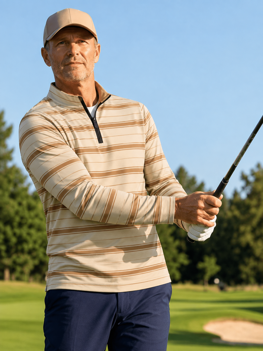 Ivory Camel Pinstripe Performance Golf Quarter-Zip Pullover
