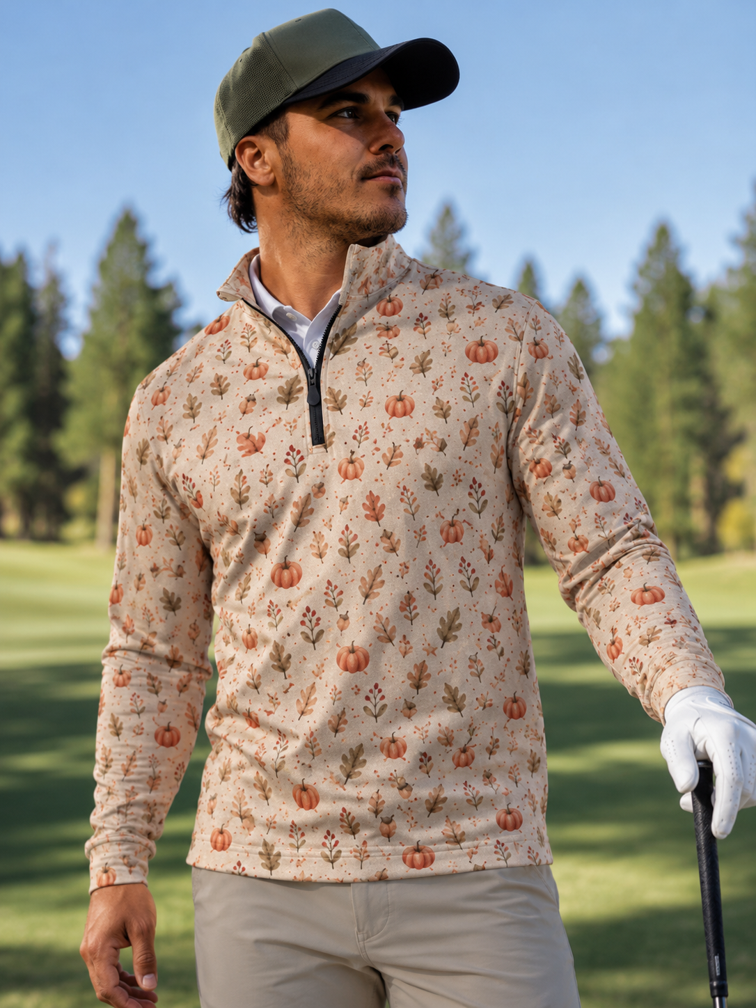 Cream Pumpkin Print Performance Golf Quarter-Zip Pullover