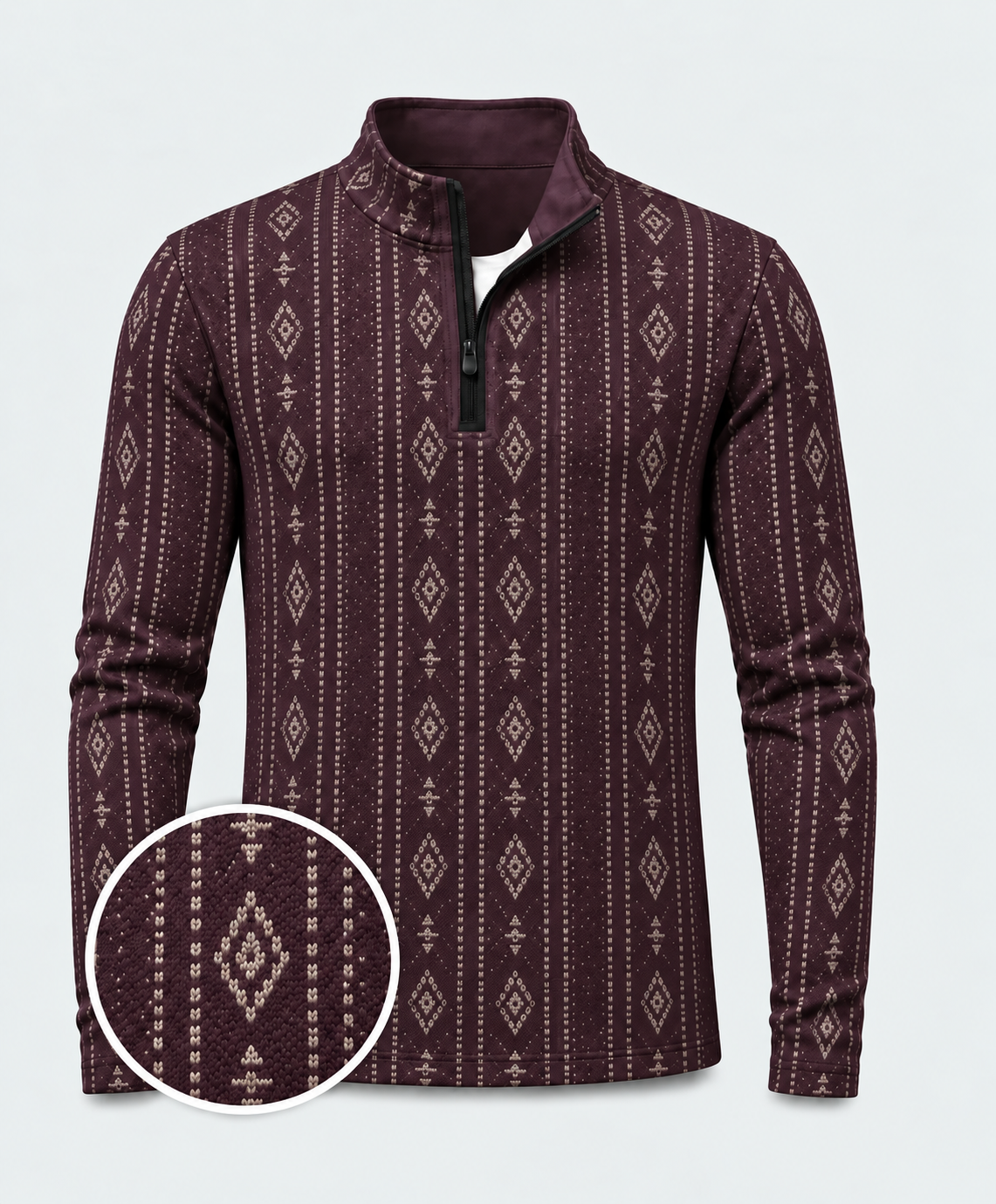 Deep Plum Heritage Pattern Quarter-Zip Pullover