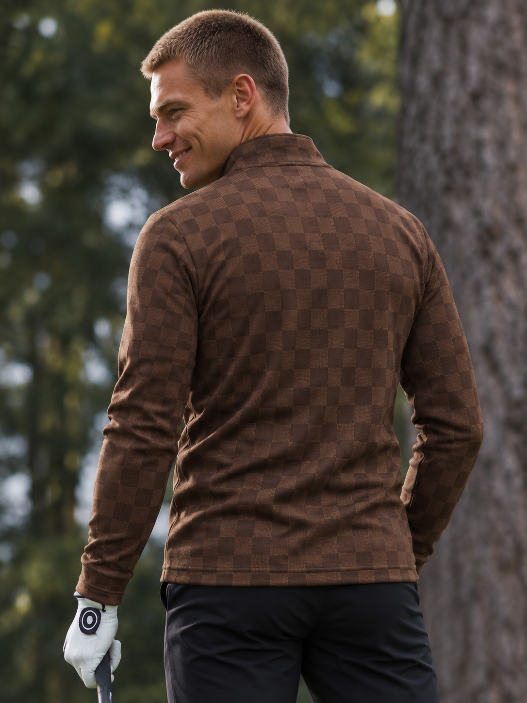 Vintage Chocolate Brown Checkerboard Golf Quarter-Zip Pullover