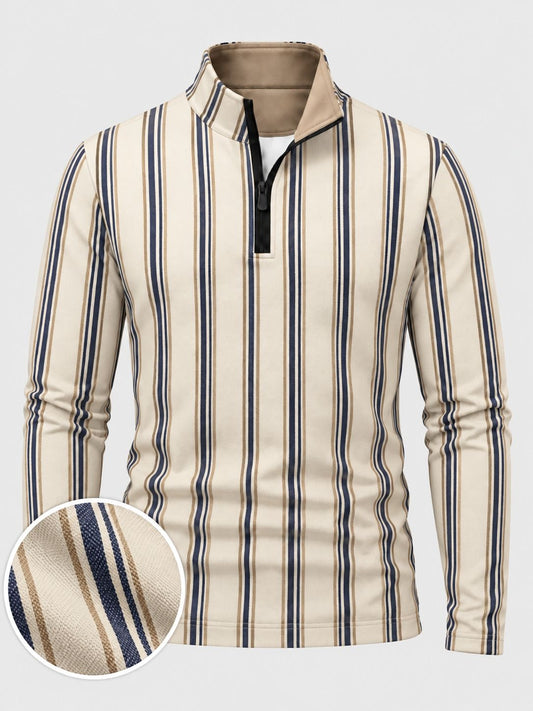 Cream Navy Blue Vertical Stripe Print Men's Golf Quarter-Zip Pullover