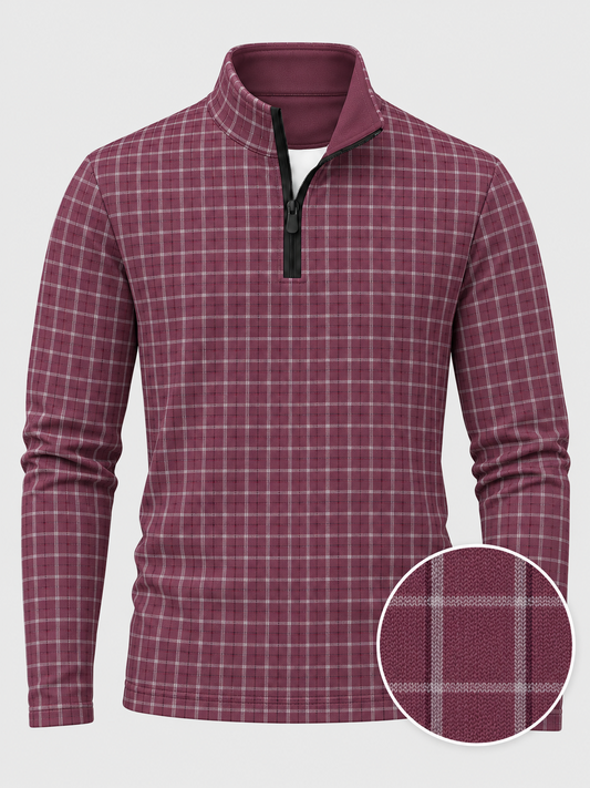 Dusty Rose Fine Plaid Print Performance Golf Quarter-Zip Pullover