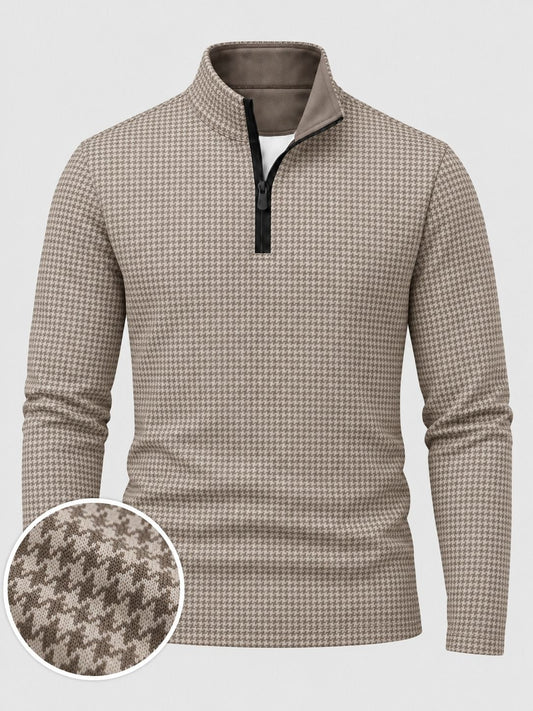 Classic Taupe Houndstooth Print Men's Golf Quarter-Zip Pullover
