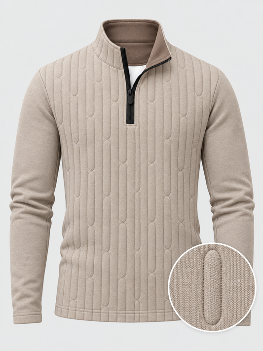 Oatmeal Beige Vertical Cable Texture Print Performance Golf Quarter-Zip Pullover