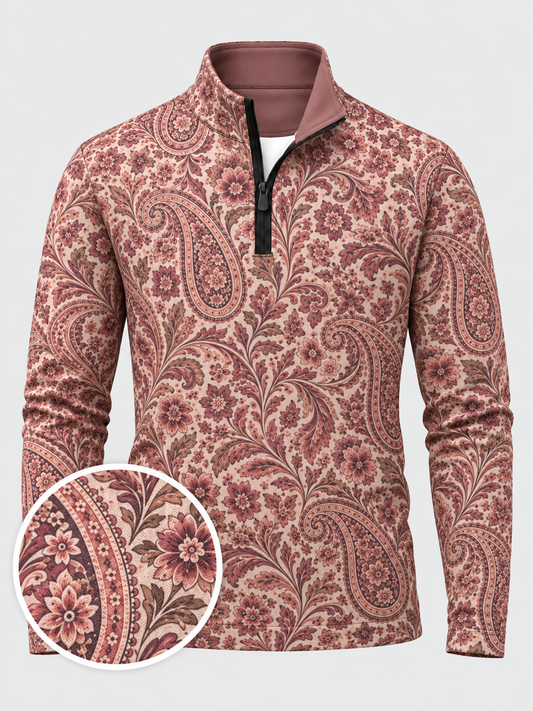 Dusty Rose Floral Paisley Print Performance Golf Quarter-Zip Pullover