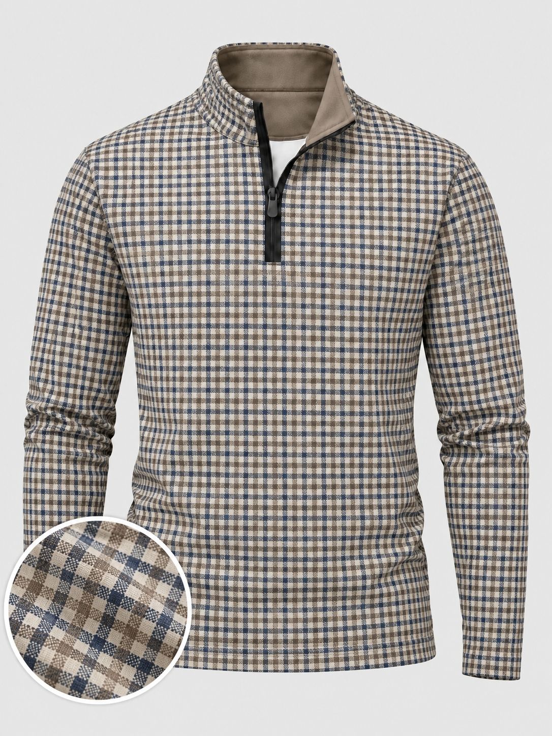 Navy Blue & Taupe Micro Check Print Performance Golf Quarter-Zip Pullover