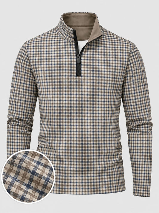 Navy Blue & Taupe Micro Check Print Performance Golf Quarter-Zip Pullover