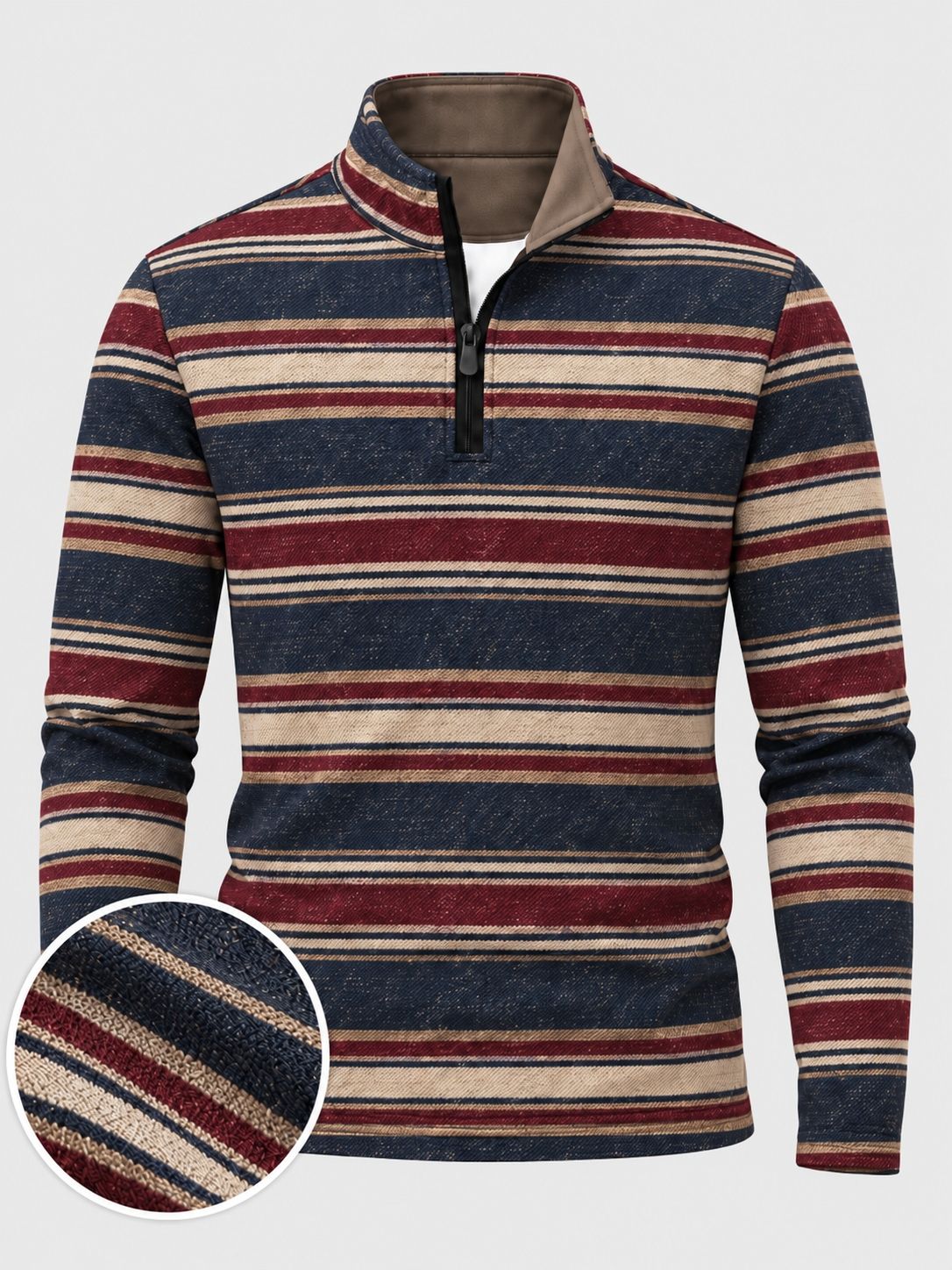 Navy Burgundy Cream Stripe  Print Performance Golf Quarter-Zip Pullover