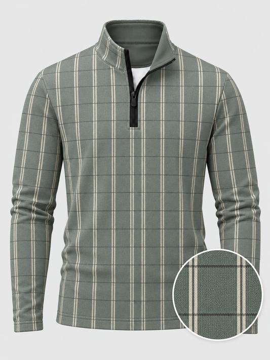 Sage Green Windowpane Plaid Print Performance Golf Quarter-Zip Pullover