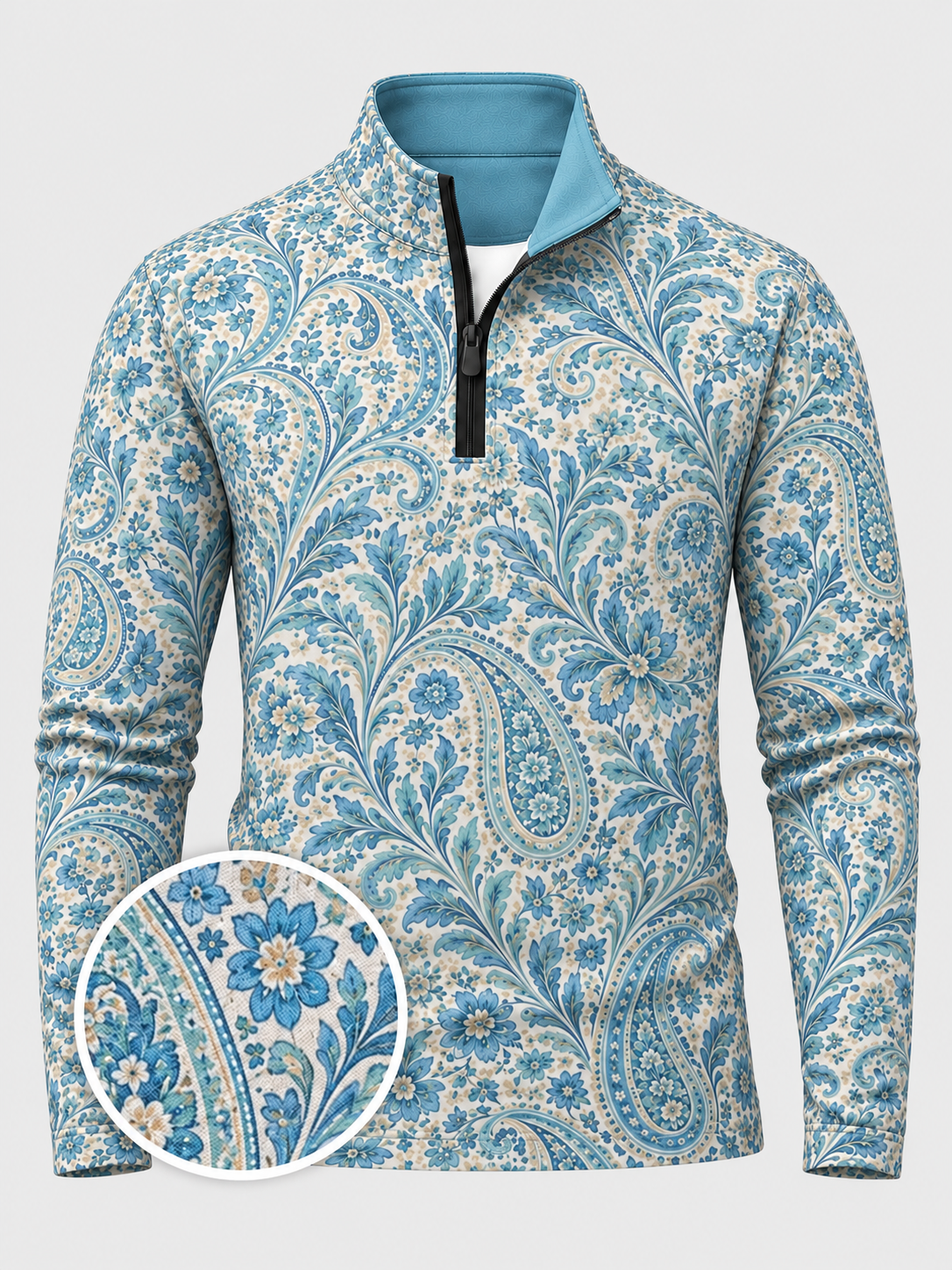 Sky Blue Floral Paisley Print Performance Golf Quarter-Zip Pullover
