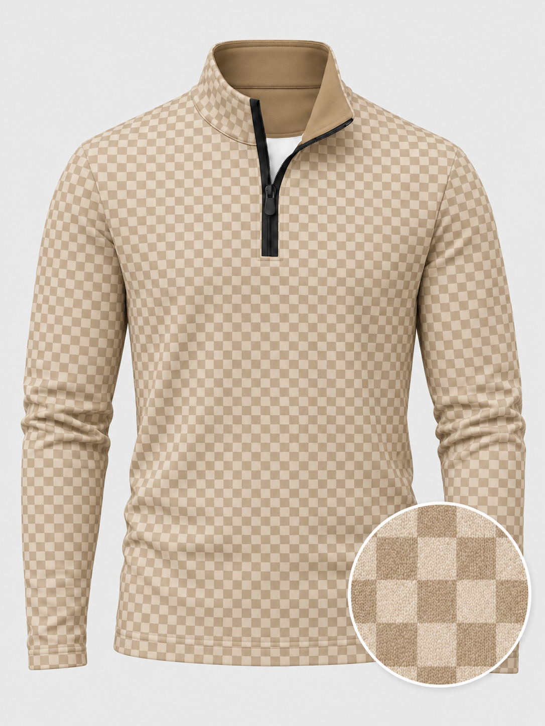 Cream Beige Checkerboard Print Performance Golf Quarter-Zip Pullover