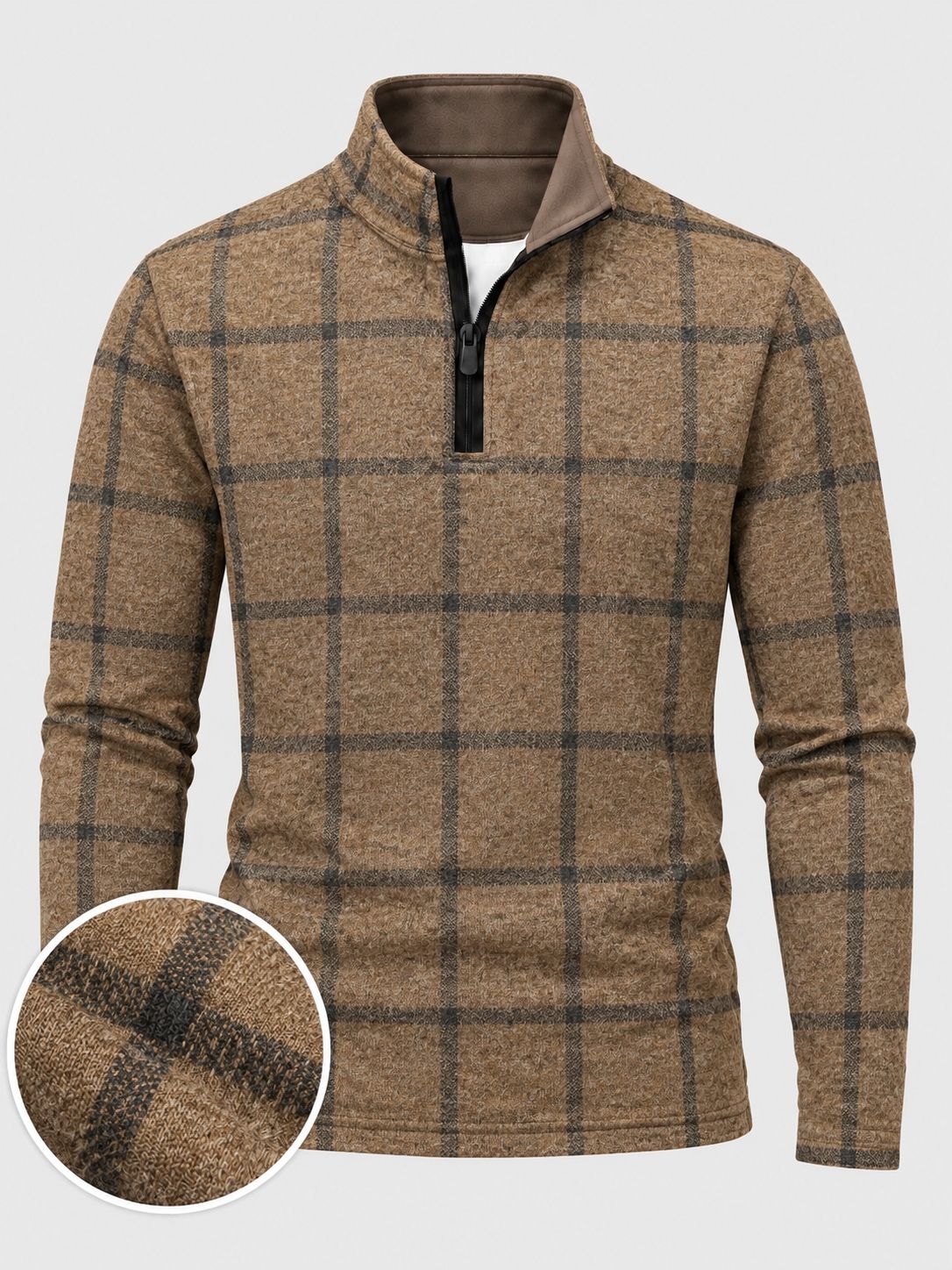 Camel Brown Windowpane Plaid Print Performance Golf Quarter-Zip Pullover