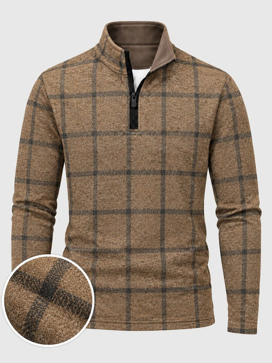 Camel Brown Windowpane Plaid Print Performance Golf Quarter-Zip Pullover