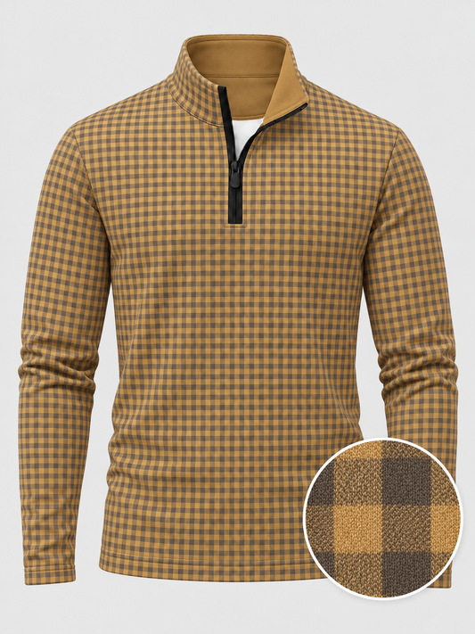 Golden Mustard Gingham Check Print Performance Golf Quarter-Zip Pullover