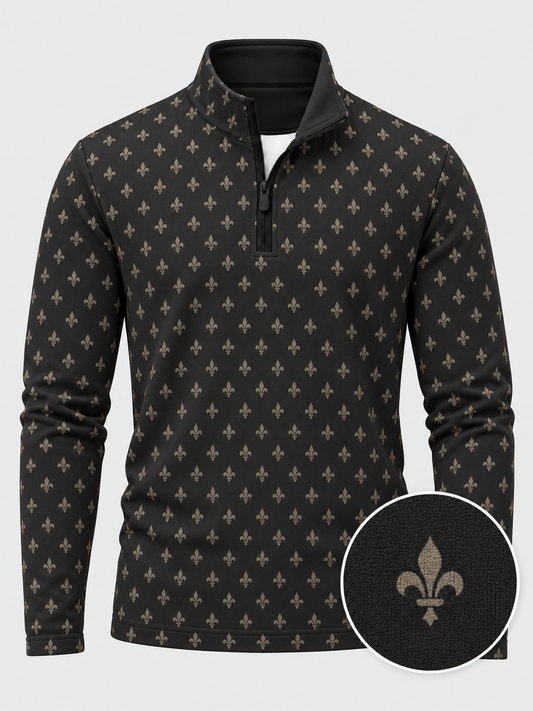 Obsidian Black Fleur-de-Lis Print Performance Golf Quarter-Zip Pullover