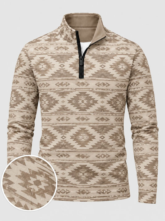 Sand Beige Southwestern Geometric Print Performance Golf Quarter-Zip Pullover