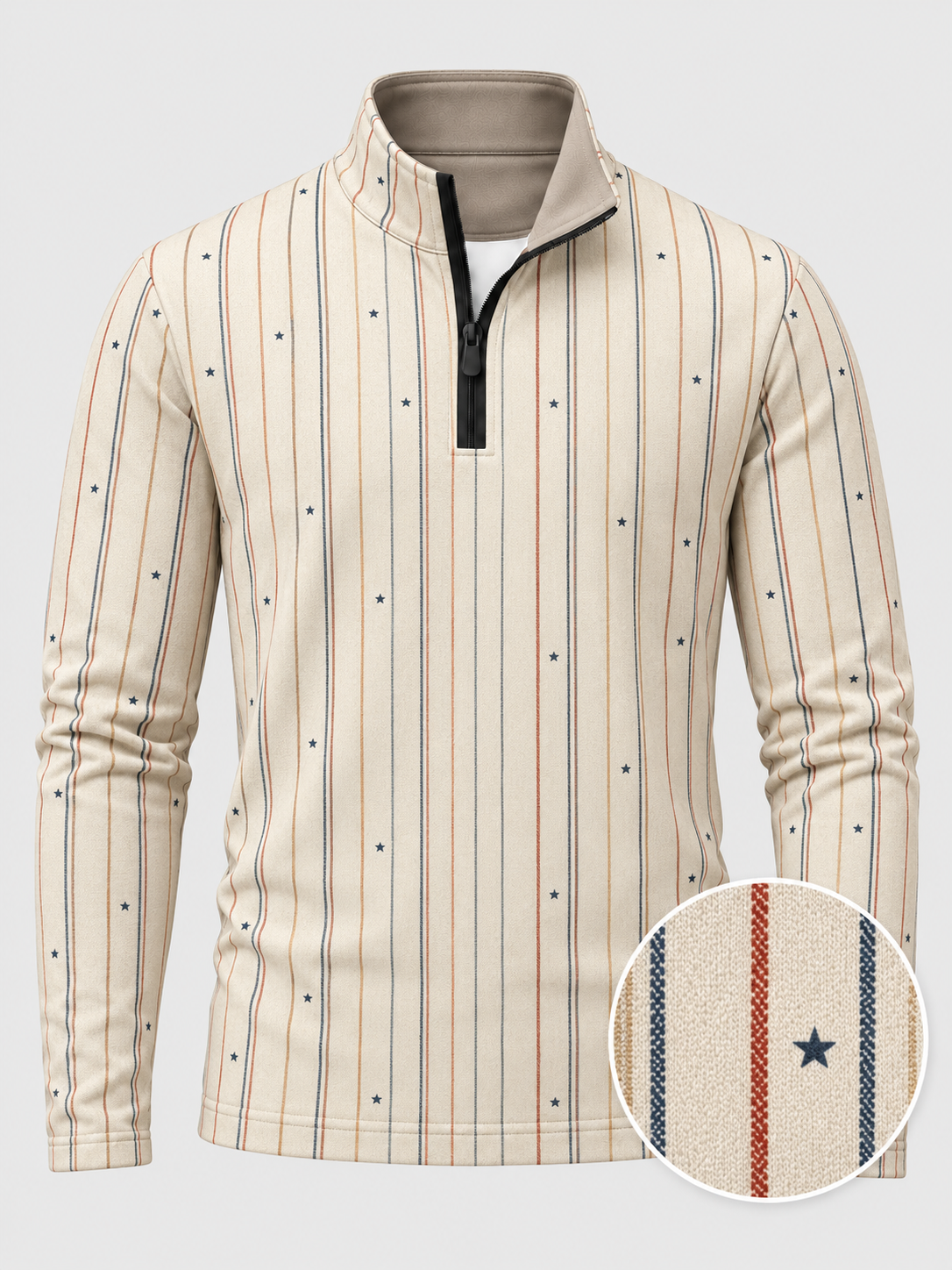 Cream Star and Multicolor Stripe Print Men's Golf Quarter-Zip Pullover