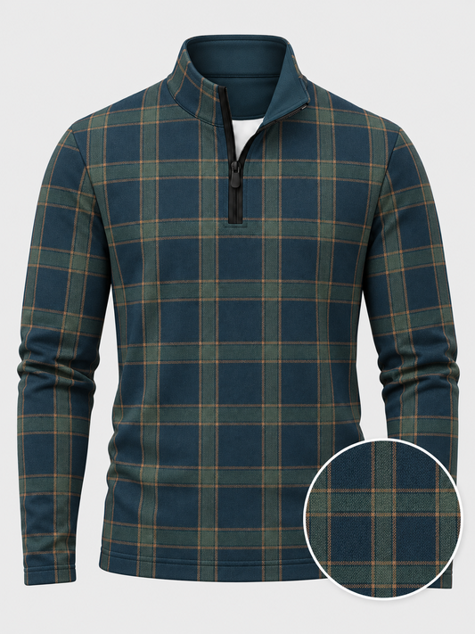Deep Teal Blue Heritage Plaid Print Performance Golf Quarter-Zip Pullover