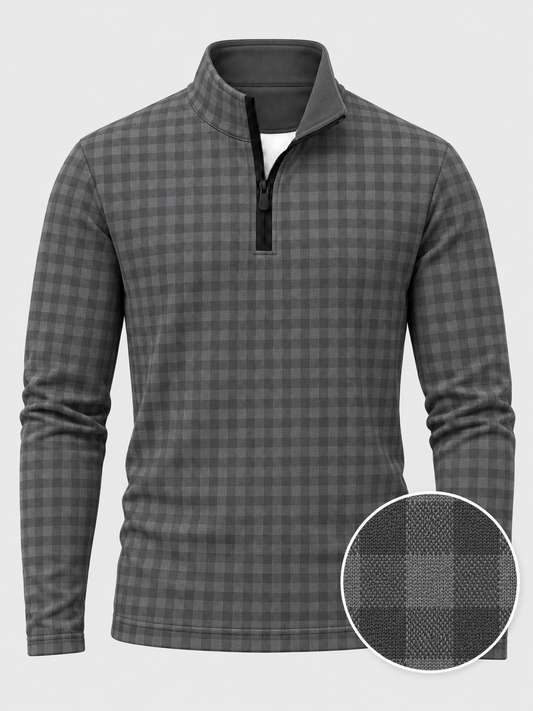 Charcoal Gray Gingham Check Print Performance Golf Quarter-Zip Pullover