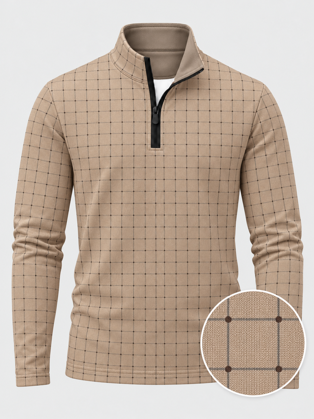 Sand Beige Dotted Windowpane Check Print Performance Golf Quarter-Zip Pullover