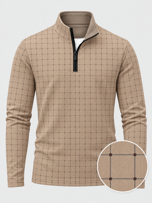 Sand Beige Dotted Windowpane Check Print Performance Golf Quarter-Zip Pullover