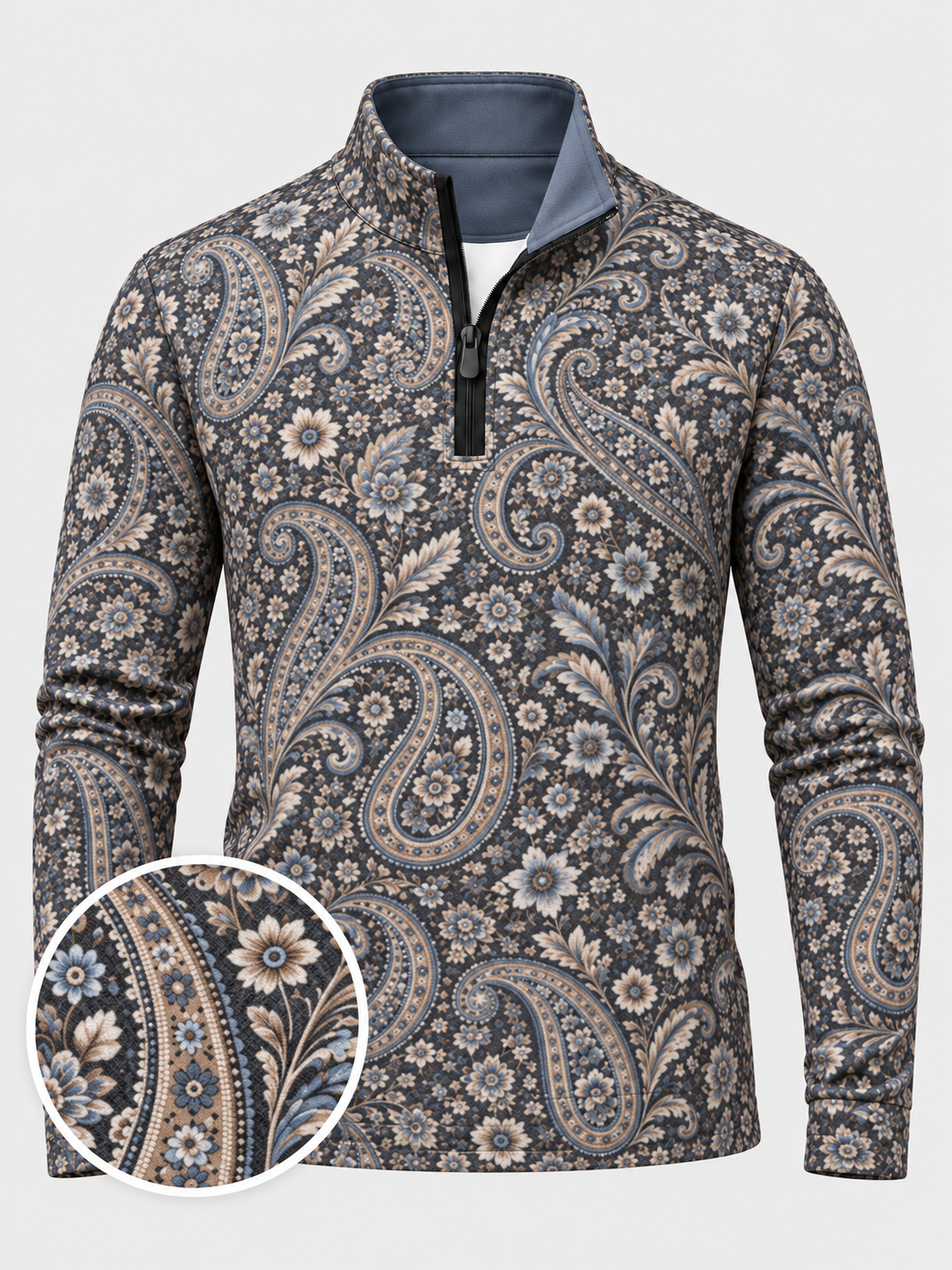 Blue Floral Paisley Print Performance Golf Quarter-Zip Pullover