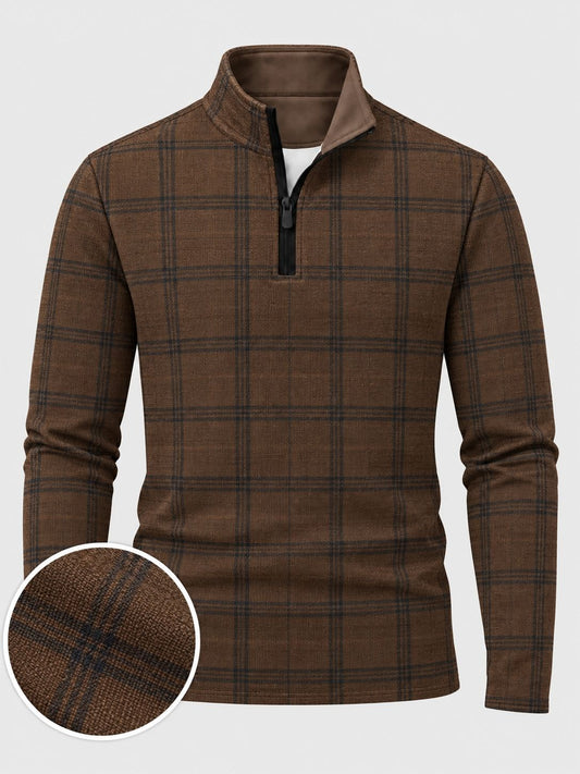 Rich Brown Windowpane Plaid Print Performance Golf Quarter-Zip Pullover